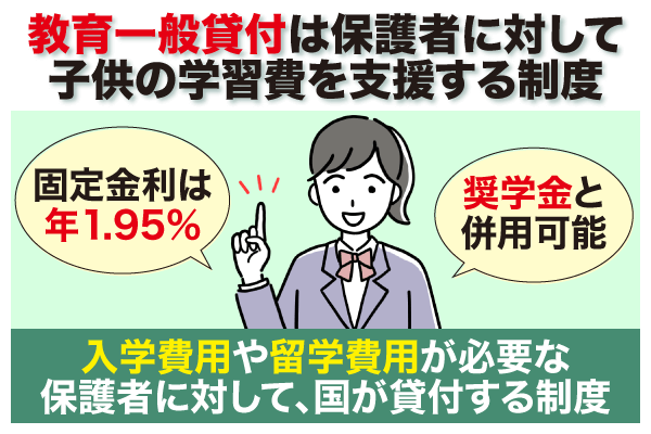 審査なしで10万借りる方法の教育一般貸付は保護者に対して子供の学習費を支援する制度であることを説明した画像