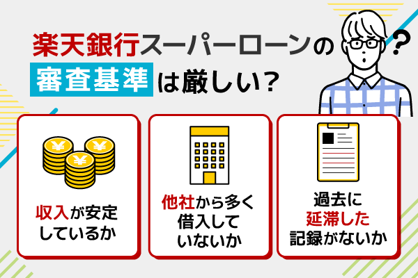 楽天銀行スーパーローンの審査基準は厳しい？
収入が安定しているか
他社から多く借入していないか
過去に延滞した記録がないか