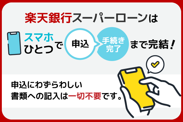 楽天銀行スーパーローンはスマホひとつで申込から手続き完了まで完結！
申込にわずらわしい書類への記入は一切不要です。